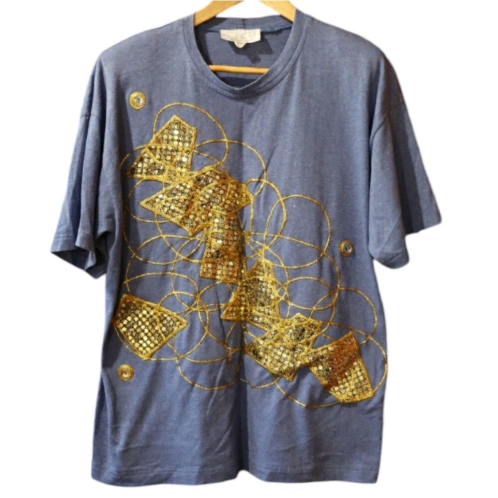 Cherry Casuals Vintage Blue & Gold Abstract Art to Wear Bedazzled Tshirt XL